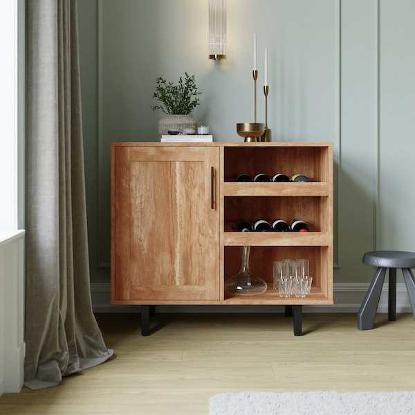 Flash Furniture Elmont Bar and Sideboard w/Shaker Style Single Door Cabinet w/Hanging Glass and Shelves, Lght Brwn NAN-F-HY-B23113-LTBRN-GG - main